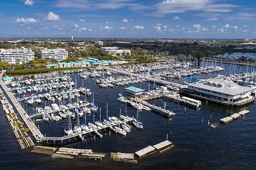 Regatta Pointe Marina on the Manatee River in Palmetto, FL full of docked boats