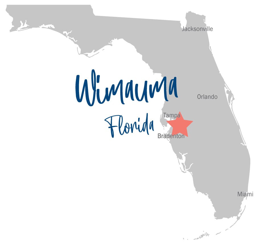 Map of Florida showing the location of Wimauma, near Tampa and Bradenton.