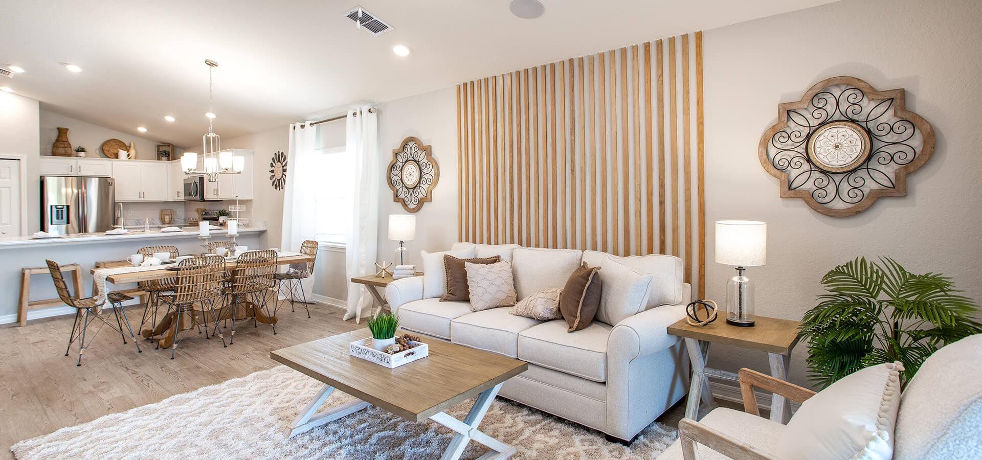 Boho style decor with wood slat accent wall - Florida home design trends