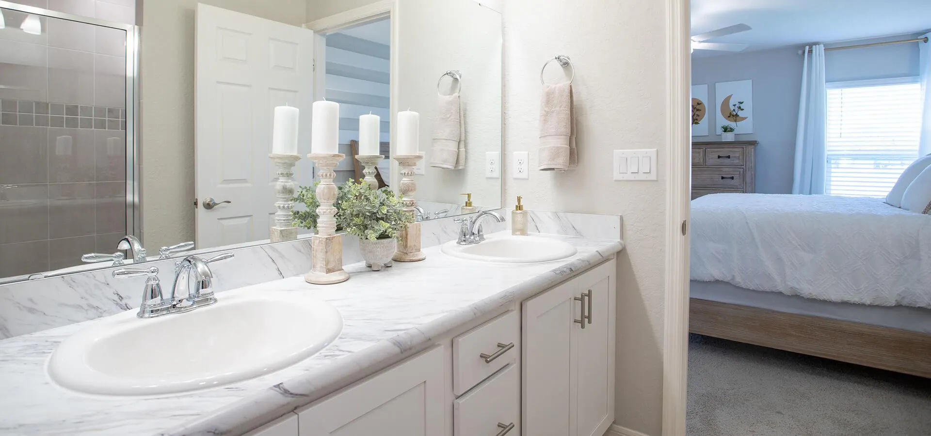 White bathroom decor in a Florida new home