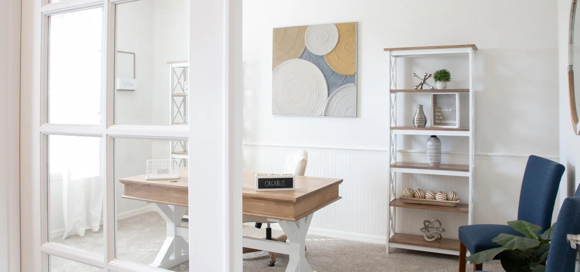 A home office with French doors and natural light