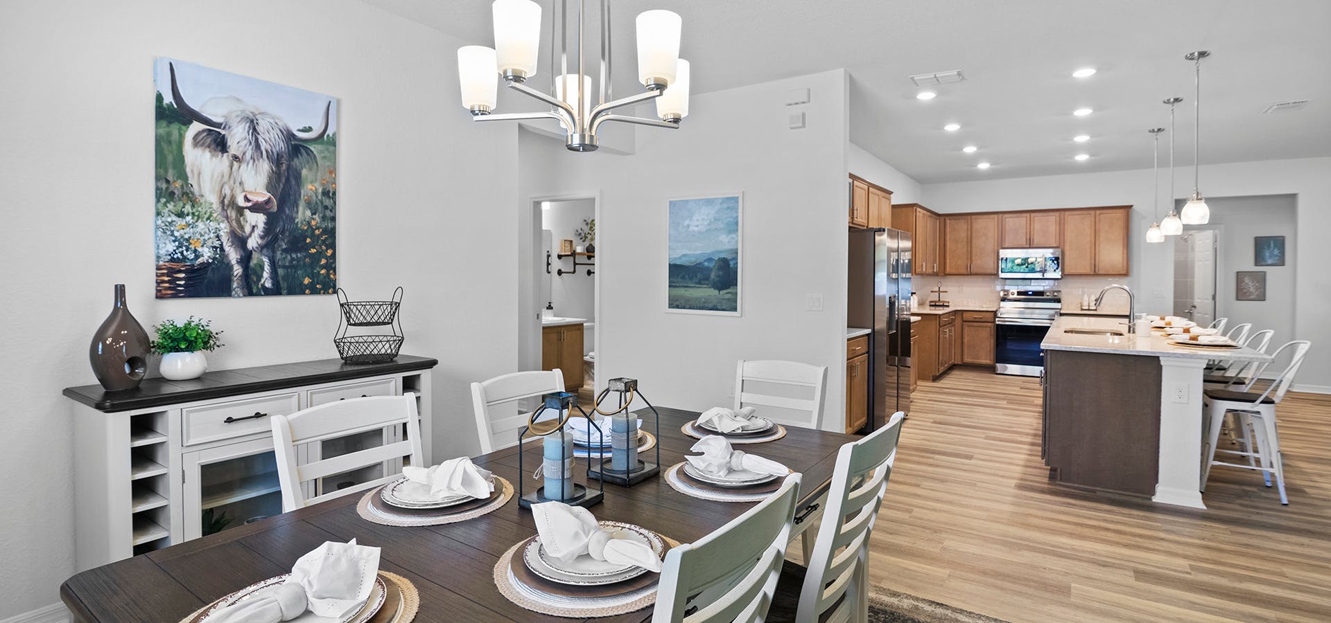 Kitchen and dining space with rustic-modern wood finishes
