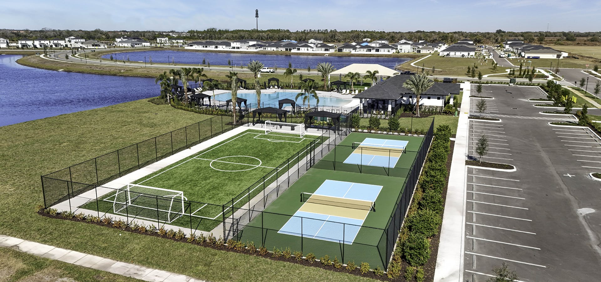 Aerial of the Cypress Ridge Ranch amenity center and lakes in the community