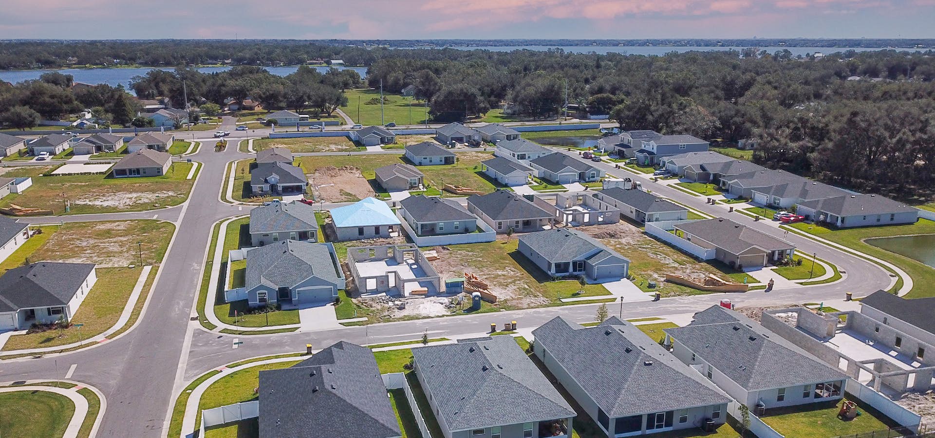 Aerial of Auburndale new homes with Lake Myrtle in the background
