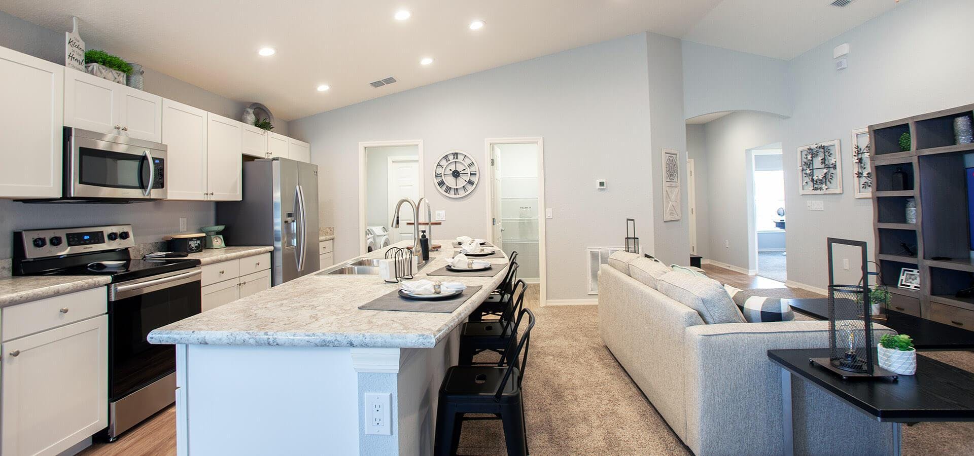 Fully open living area with gathering room and kitchen