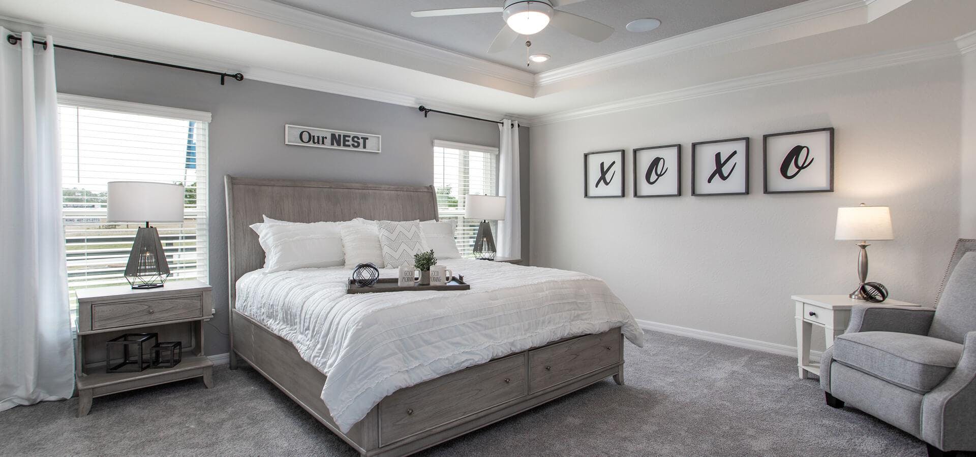 Primary bedroom with premium tray ceiling