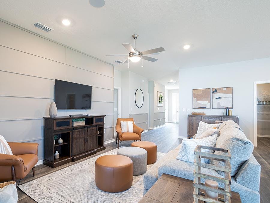 Highland Homes' decorators combined natural and modern pieces for rustic chic style decor.