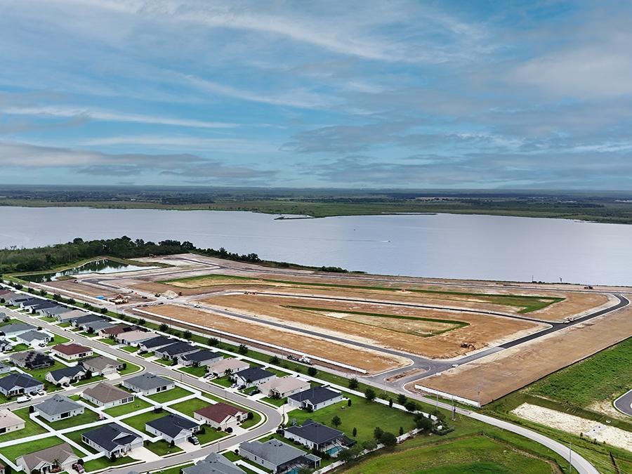Aerial of the Bellaviva community of new homes on Lake Mattie in Auburndale, FL